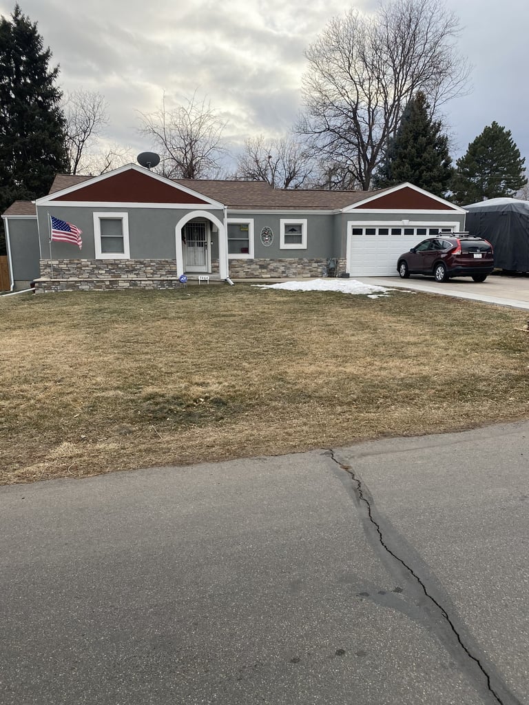 Gray and red single-story house with white trim, two-car garage, American flag, and red sedan parked in driveway on bare lawn with bare trees